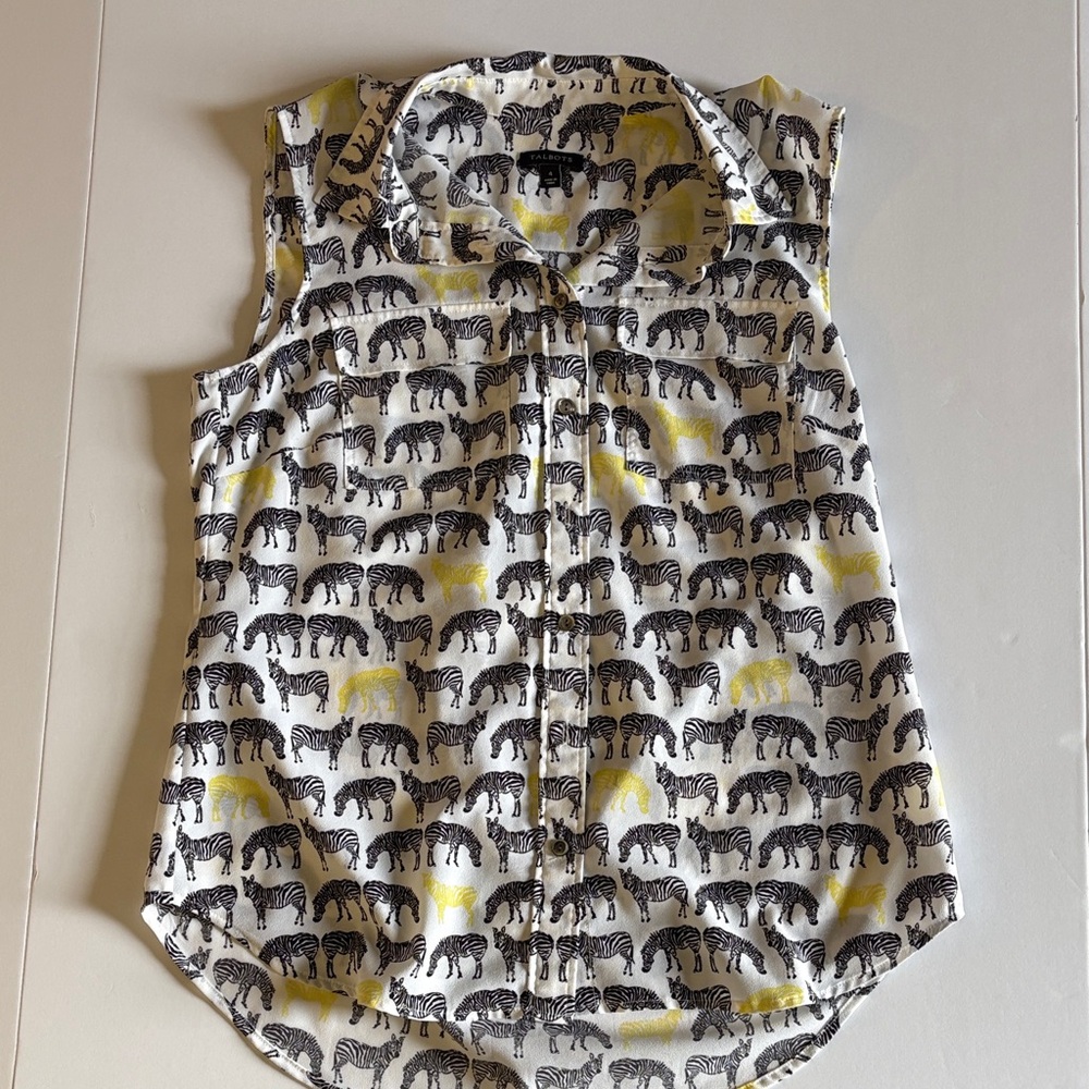Talbots Sleeveless Zebra-Print Button Front Blouse in White, Black & Yellow